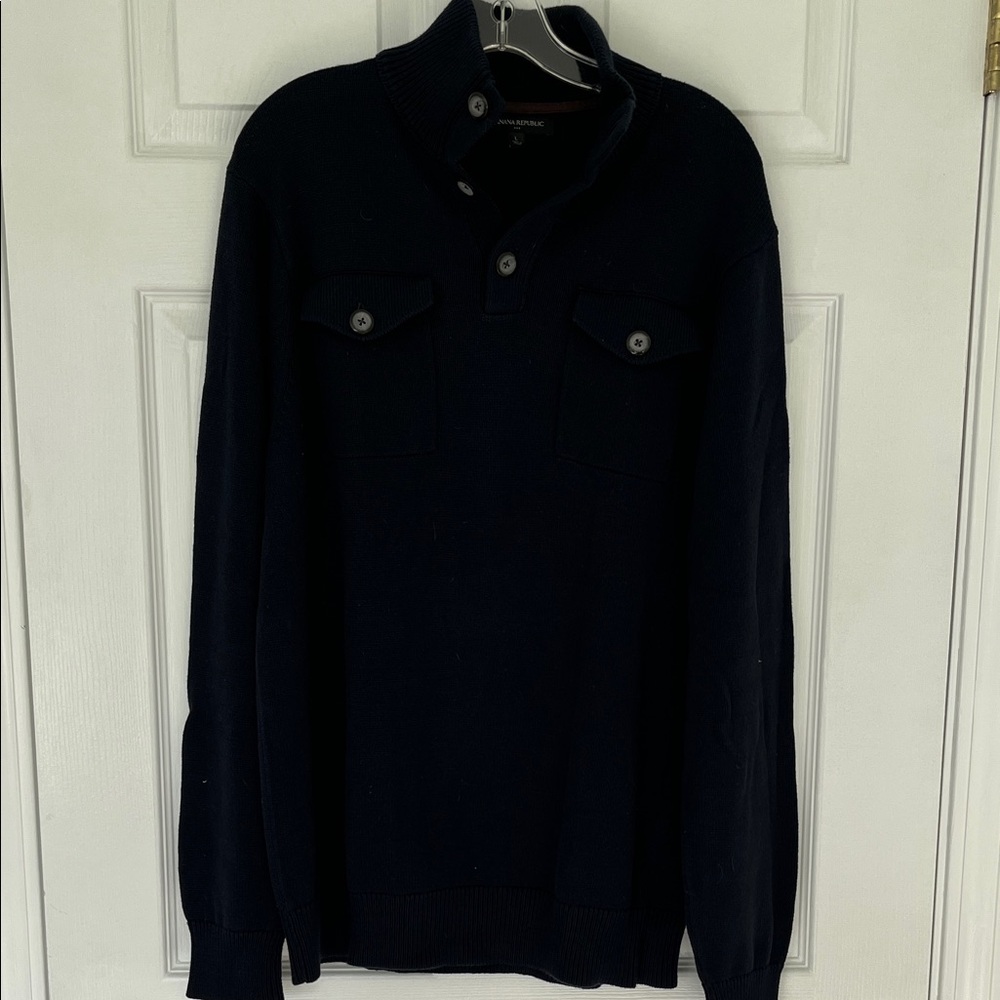 Banana Republic navy blue button up turtle neck sweater with breast pockets.